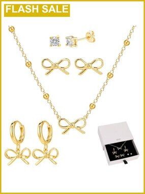 14K Gold Plated Bow Jewelry Set with Necklace and 3 Earrings for Women